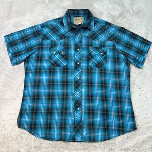 Wrangler Western Shirt Mens XL Blue Plaid Pearl Snap Short Sleeve